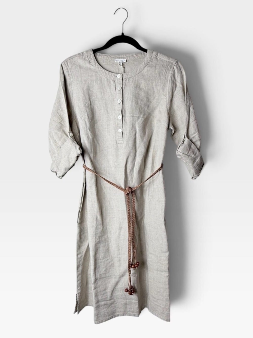 Garnet Hill Belted Shirt Dress Size 8 Tan Linen Summer Resortwear (Q)